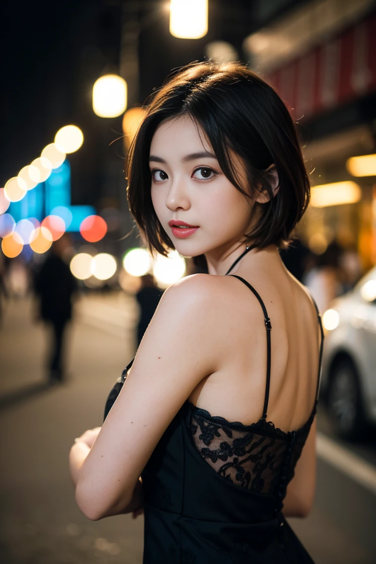 (half - body shot,streetlights,Moon),masutepiece, 1girl in, solo exhibition, Beautiful woman on a bustling street, Surrounded by peddlers, Portrait of a beautiful goddess girl, beautiful and detailed face, Porcelain Skin, (((bustshot, Center, Night, Black hair, Short hair)), Ultra-soft lighting, symmetry, Complexity, Elegance, high detailing, Realism, Art Book, Concept art,