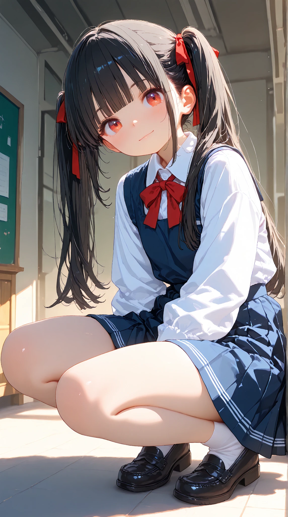 (masterpiece:1.2, top-quality), (realistic, photorealistic:1.4), beautiful illustration, (natural side lighting, movie lighting), nsfw, 
looking at viewer, panty shot, front view:0.6, 1 girl, japanese, high school girl, perfect face, cute and symmetrical face, shiny skin, 
(middle hair:1.4, twin braids:1.2, black hair), hair between eyes:1.4, hair over one eye, big eyes, emerald green eyes, drooping eyes, long eye lasher, (large breasts:0.6), 
beautiful hair, beautiful face, beautiful detailed eyes, beautiful clavicle, beautiful body, beautiful chest, beautiful thighs, beautiful legs, 
((symmetrical clothing, detailed cloth texture, short sleeves cute sailor suit, pleated skirt, red bow tie)), black socks, hair tie,
(beautiful scenery), morning, school rooftop, squatting, (lovely smile, upper eyes), 
