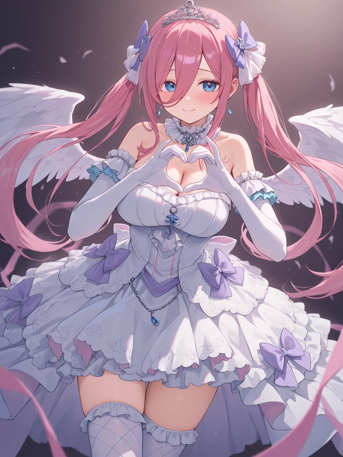masterpiece, best quality, highres, 1girl, ccnodoka, twintails, hairband, large breasts, halo, wings, angel, cleavage, white dress, ribbon, thighhighs, blue sky, pointing at viewer, hand on hip,