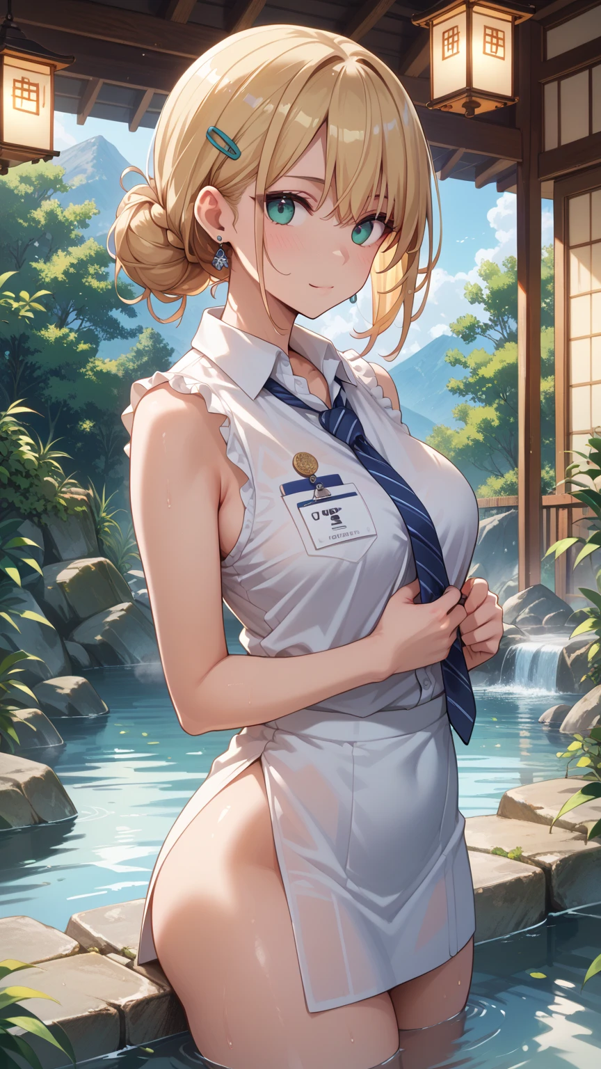 1girl, solo, ((full body)), water plants, long hair, pale chestnut hair, bun, ponytail, large breasts, button down, cleavage, ((opened brown vest sweeter)), necklate, dark blue eyes, ((white shirt)), ((short sleeved shirt)), ((mini skirt)), grin, looking at the viewer