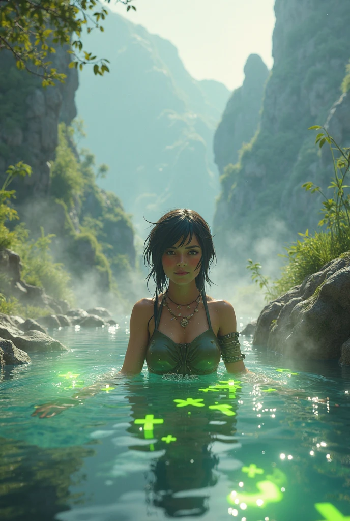 maozonia indigenous girl, 18 years old, bathing in a river, in the middle of the forest, a jaguar watching from afar, sad, Clockpunk, Gamercore, street level view, Blender rendering, 100mm, Sculpture, iridescent colors, Medicalcore, strobe lighting, ultra realistic, photorealistic, octane render, unreal engine, hyper detailed, volumetric lighting, hdr, octane render, fantasy 4k 8K