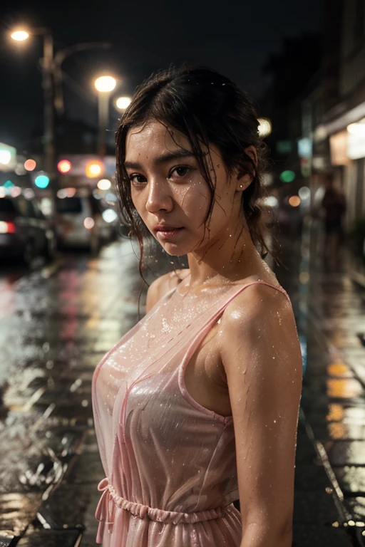 nudity, explicit] nsfw, Young japanese woman standing,  ((on city street)),  ((fully clothed)), ((off the shoulder t shirt dress)),((barefoot)), blonde short hair, slim build, two tone hair, afternoon, grey light, overcast, detailed background, dark, busy street, crowded street, cinematic, downbeat, masterpiece,  best quality, RAW photo, up close, zoomed in,  photorealistic, ((looking at viewer)), holding herself, translucent, dripping wet, beautiful realistic photo, hyperrealistic fantasy photo,  close up, tight frame, 8k, ultra detailed, detailed skin, blue eyes, dark skin, ((drenched)), ((soaked)), (dripping water), sagging clothes, wet street, wet all over, wet dripping hair, pov, (posing for photo) portrait, close-up, bottom angle, mist, ((heavy rain)), ((misty rain)), rain on face, wet face, shallow depth of field