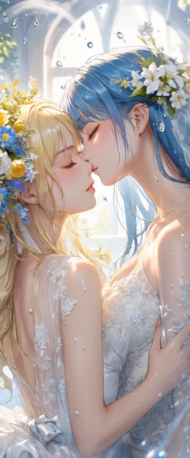 Masterpiece ,Top image quality,hight resolution,imagem 4k,Raw photo,Photorealsitic,extremely beautiful 2 hi-school girl kissing each other, lovers, naughty face, blushing , extremely beautiful lesbian deep kiss, stare each other closely, groupe breasts, gorgeous hair style white high Sox, white garter belt, exposures breasts and nipples, perfect small breasts, See-through panties, red cheek, deep blue eyes color , top less ,beautiful small butt, pink nipples, naked, Bright blue eyes like jewels, blond hair, magical , PRİNCESS, adventurous girl, slightly smile, high heel boots, gloves, earrings, outside, beautiful sunlight, flower blooming, closed up upper body, look up(masterpiece:1.6、best high quality), (beautiful eyes:1.2), From above, Ocean View、The world's most spectacular ocean view, Half in the Ocean, deep kiss, hag tight each other, naked