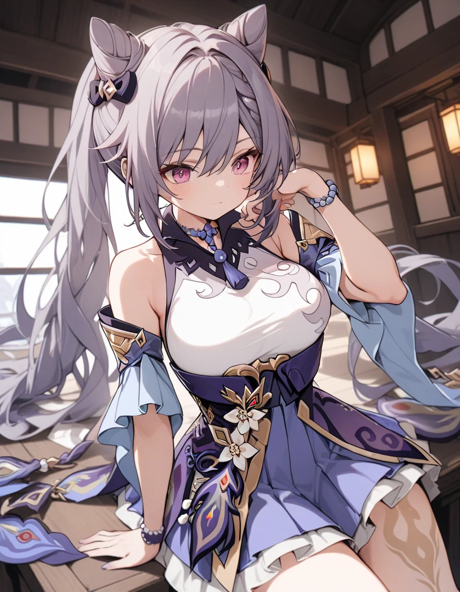 masterpiece, best quality, 1girl, tomoe gozen, torino style, glowing red eyes, smug smile, hair between eyes, silver long hair, oni horns, dress, high boots, long skirt, hands behind head, side boob