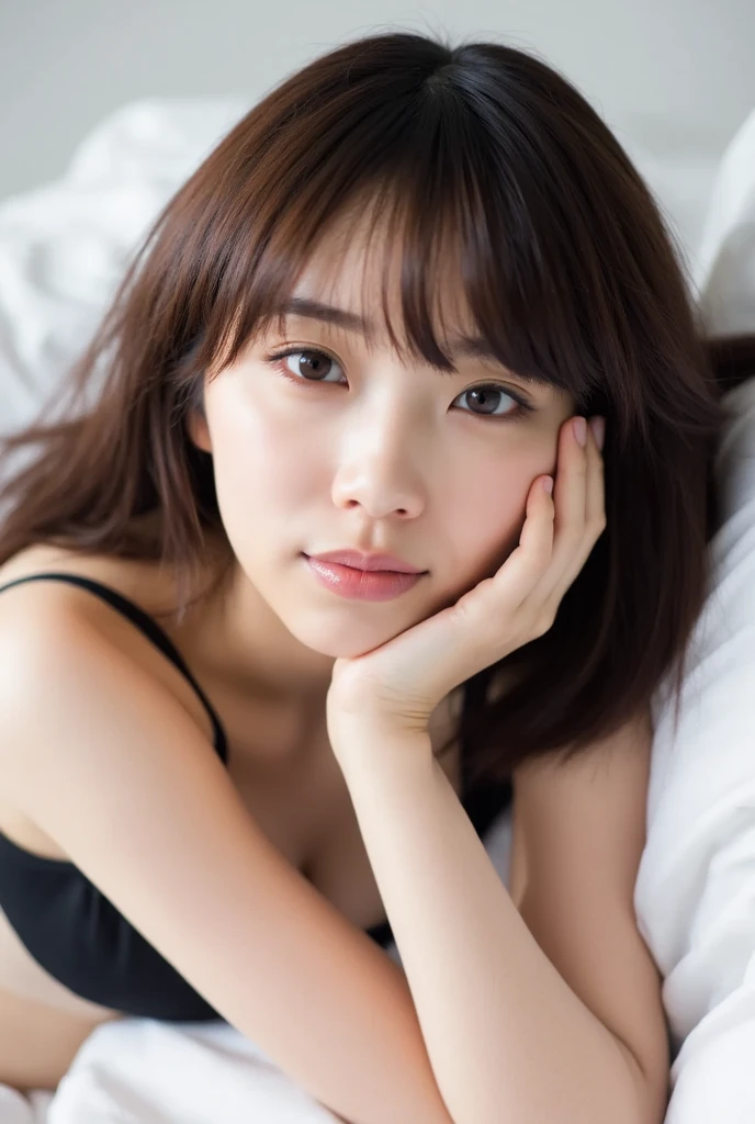A young woman lying on the bed、Look at me with a relaxed expression、He's wearing a blue jacket。light penetrates softly、It gives beautiful highlights to her skin.。Her hair hangs naturally on her shoulders、The overall atmosphere is very calm.。This scene exudes ease and familiarity.。