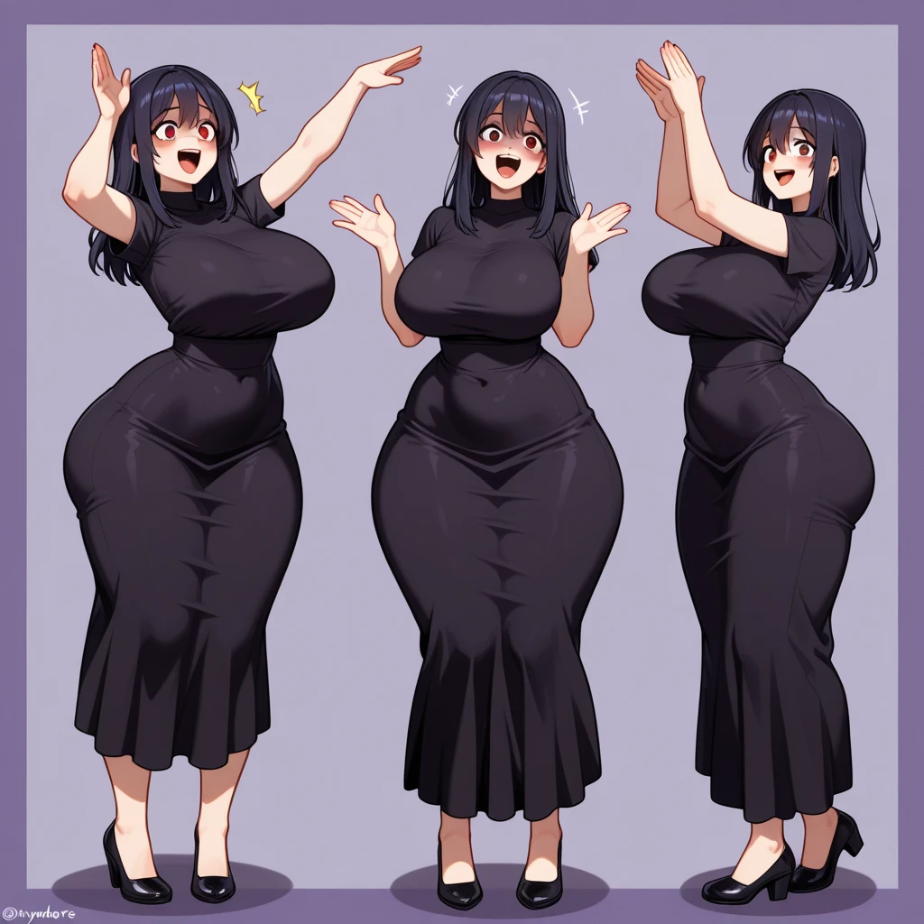 Busty young woman with small waist and big hips wearing a black dress open at the bust with big hair
