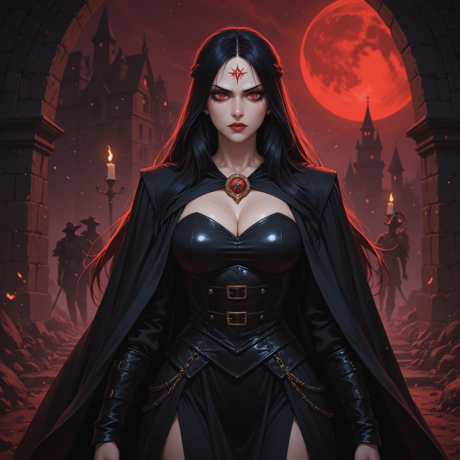 An adult vampire wizard character wearing a very detailed and beautiful gothic armor. Seu cabelo com corte curto. cor do cabelo preto. lip color: preto, cor roxa dos olhos, manto, capuz, Eclipse at the apex of the image, Sanctuary, Magnificent, 8k, with an air of importance and grandeur. Capa vermelha flutuante, personagem centralizada, capuz, facial expression with evil smile, se olhando no espelho, cabelo curto caindo sobre o olho, Encapuzada, with both arms raised with hands forming claws demonstrating absolute control