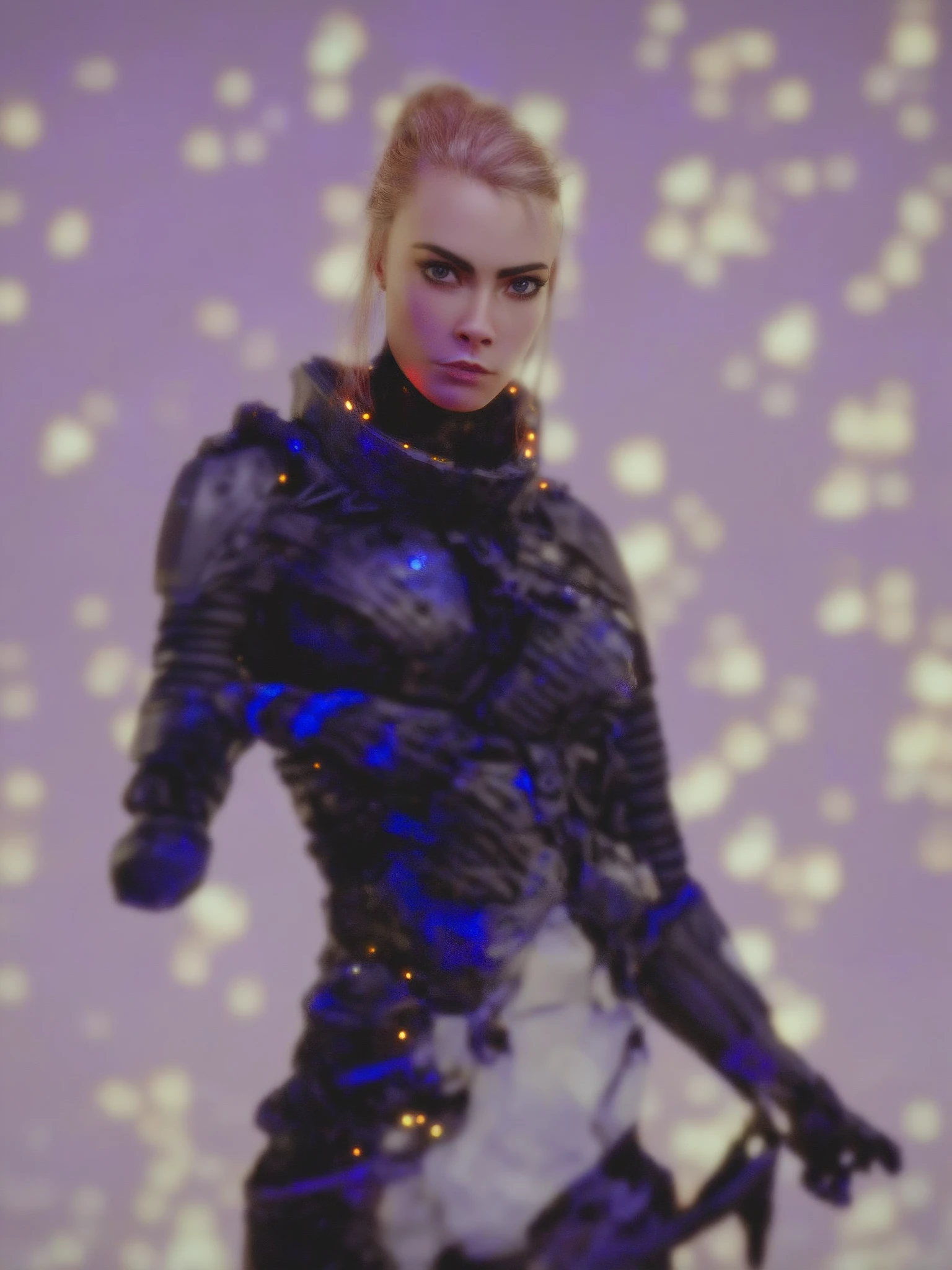 RAW photo, a fashion model, walk on runway, cyberpunk fashion, (photo-realistic:1.5), (RAW photo, 8k uhd, film grain), extremely delicate and beautiful, highres, sharp focus, extremely detailed, masterpiece, cinematic lighting, (high detailed skin:1.2), dslr, soft lighting, high quality, film grain, Fujifilm XT3