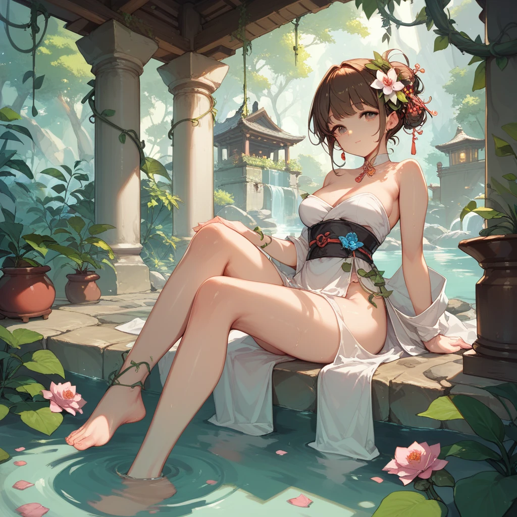 Masterpiece, hyper detailed, perfect anatomy, 1 short black haired rich Mafia girl nude standing on ground before her private pool, mansion background, money and guns on ground before pool, flashing pussy, grabbing titties, palm tree background, looking at viewer, slender body, blue eyes, gleaming skin, upper titties, shy blush, young and very pretty Mafia girl, wearing only small pearl white bra, black high heel stilletos, pearl necklace, diamond ring, golden earrings, golden watch, naval piercing on her belly button. Full body shot. (Real depiction of real female pussy).