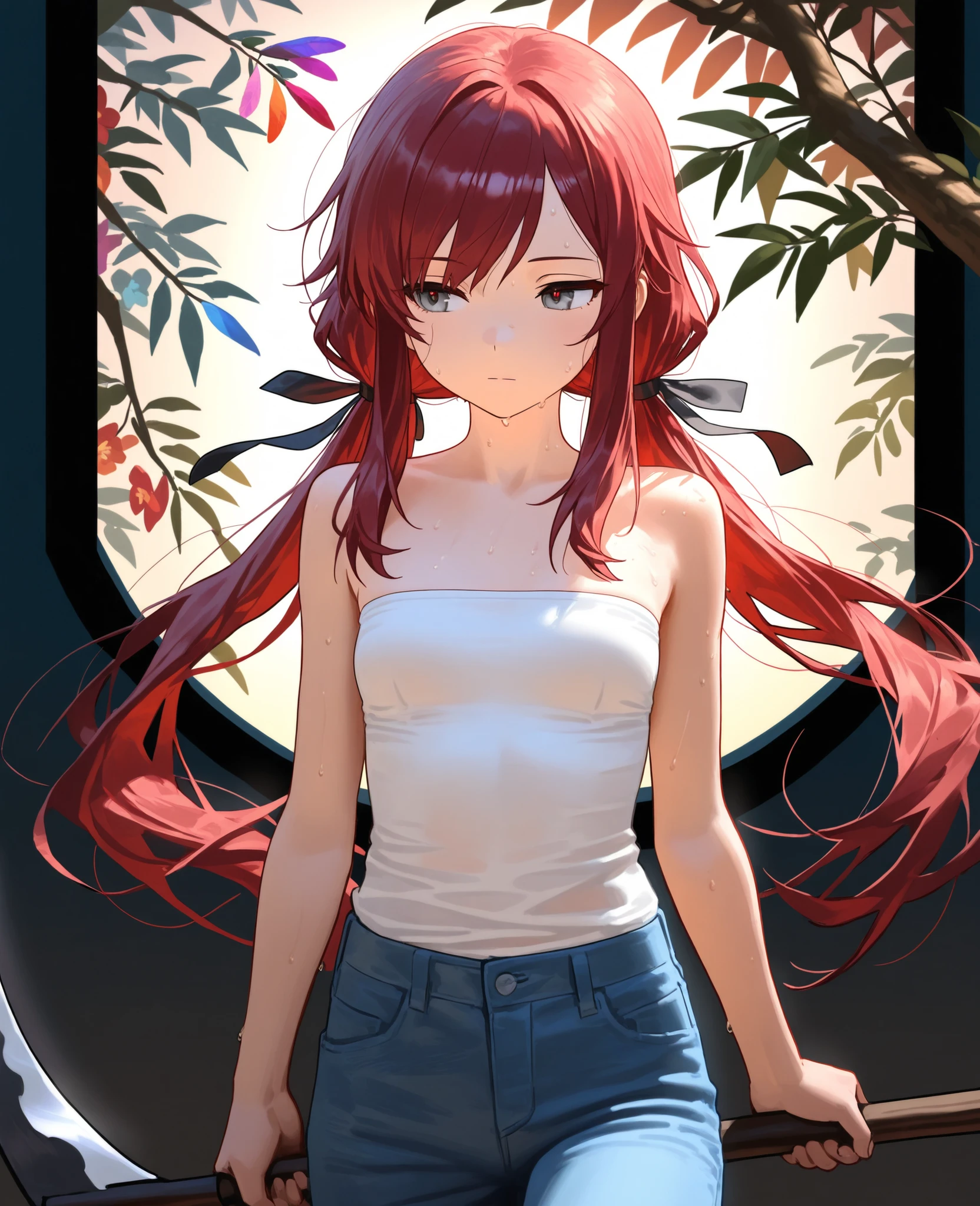 (masterpiece:1.2, Best Quality), (finely detailed beautiful eye: 1.2), (beautiful detailed face), sweat, close up, expressionless, hair ribbons, strapless sleeveless shirt, white shirt, blue jeans,, small breast, dark red hair, long low twin tails, long sidelocks framing face, long hair, gray eyes, swept bangs, colorful flowers, looking away, holding scythe, hand on scythe, holding weapon, feathers on scythe dreamcatcher on scythe, obsidian edge on scythe, shade, dusk, willow tree branches, battoujutsu,