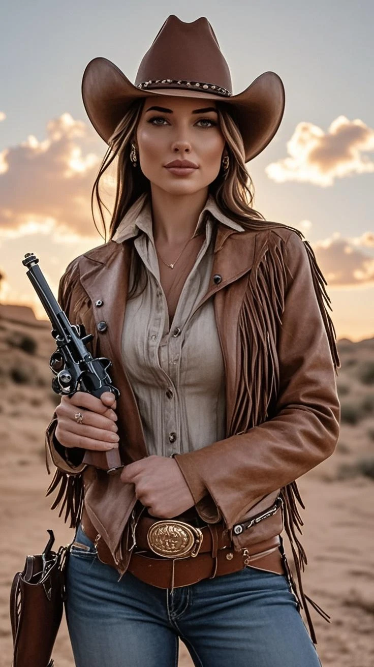 Photoreal、realistic skin texture、beautiful Caucasian woman, automatic rifle in hand, long gown with cowboy hat ,