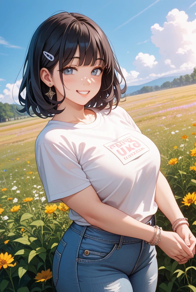 ((highest quality)), ((masterpiece)), (detailed), Perfect face girl, T-Shirts, Upper Body, Nice smile、(LOL:1.1), (Open your mouth:1.1)、Large Breasts、ponytail、field、Flowers Bloom、(Eyes Wide Open:1.2), Sun glare, Bokeh, Depth of written boundary, Blurred Background, Particles of light, Strong winds, (Heart Particles:1.1)
