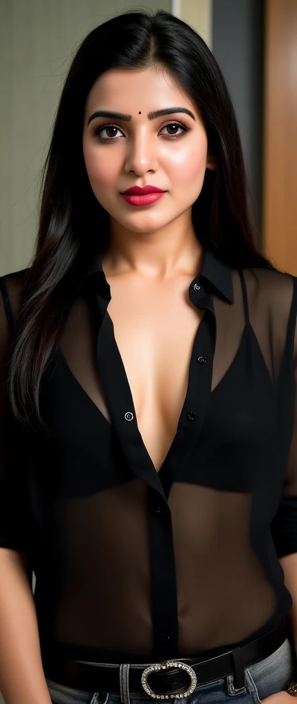 (((gigantic droopy breasted))), (((blue eyes))), (((black long straight hair))), (((8k, best quality, masterpiece, ultra detailed, ultra details))), (((open morning silk shirt)))