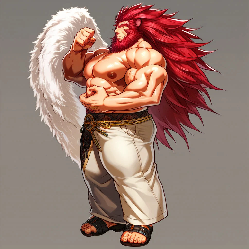 (masterpiece, Best quality:1.2), fox boy, body covered with hair, Fluffy style,sexual,horny,very muscular wild ,full height,sinewy massive muscles, very long red hair,freckles on the body and face,green eyes,certain muscles,wet body from sweat, Very tanned skin,sharp focus, young , friendly,Angel wings, stands high