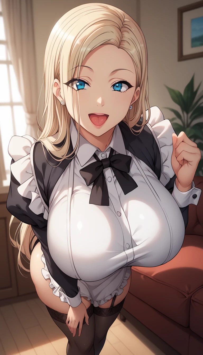 (high quality, 8k, 4K, High Contrast, masterpiece:1.2, 最high quality, Best aesthetics), , Maid, Very detailed, Seductive and erotic girl with lace headdress, smile, (Big Breasts, Silver fur), Focus on the face, Focus on the face, Complex eyes, tights, laced tights, coffee shop, Ground angle shot, Viewer looking up, feet in tights,