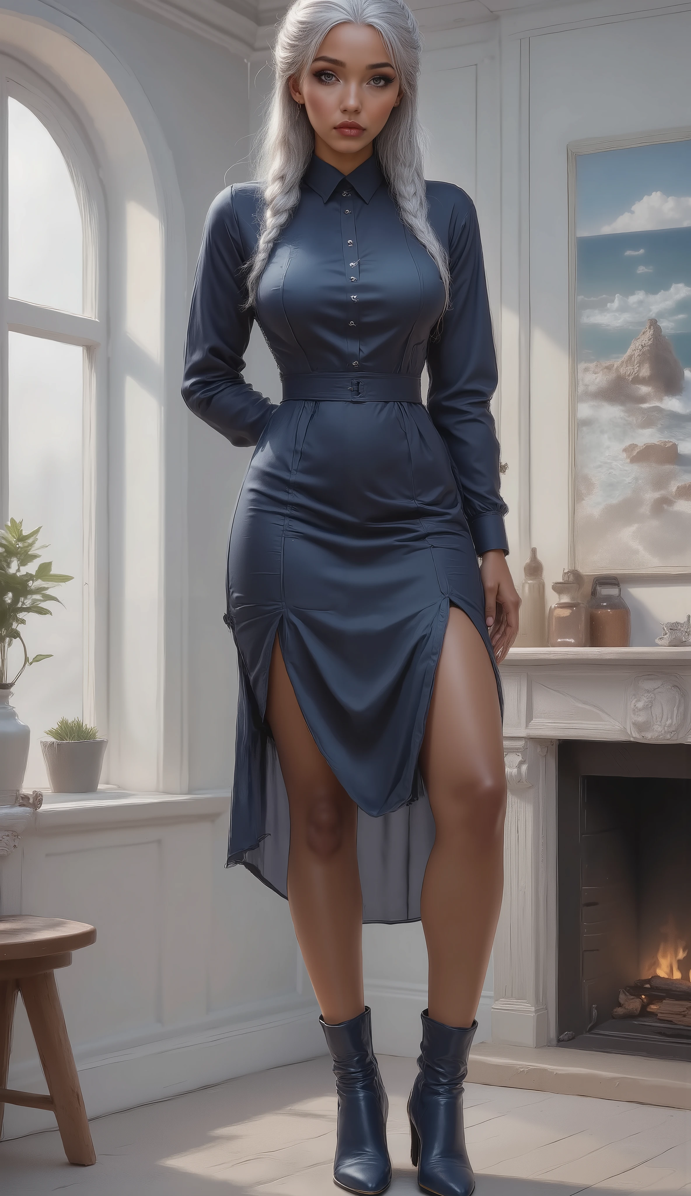 A light brown skinned young lady, with two Long Double Dutch French braids hair color silver white, her eyes are silver grey, she is standing with her back towards a white wall with a big wall picture of a white beach and a long fireplace underneath it. She is wearing a tightly fitted navy blue long-sleeved button-down shirt dress down to her knees showing off her long legs, The dress clinging to thick sexy curvy body, on her feet she is wearing ankle boots heels Leather Complex navy blue.