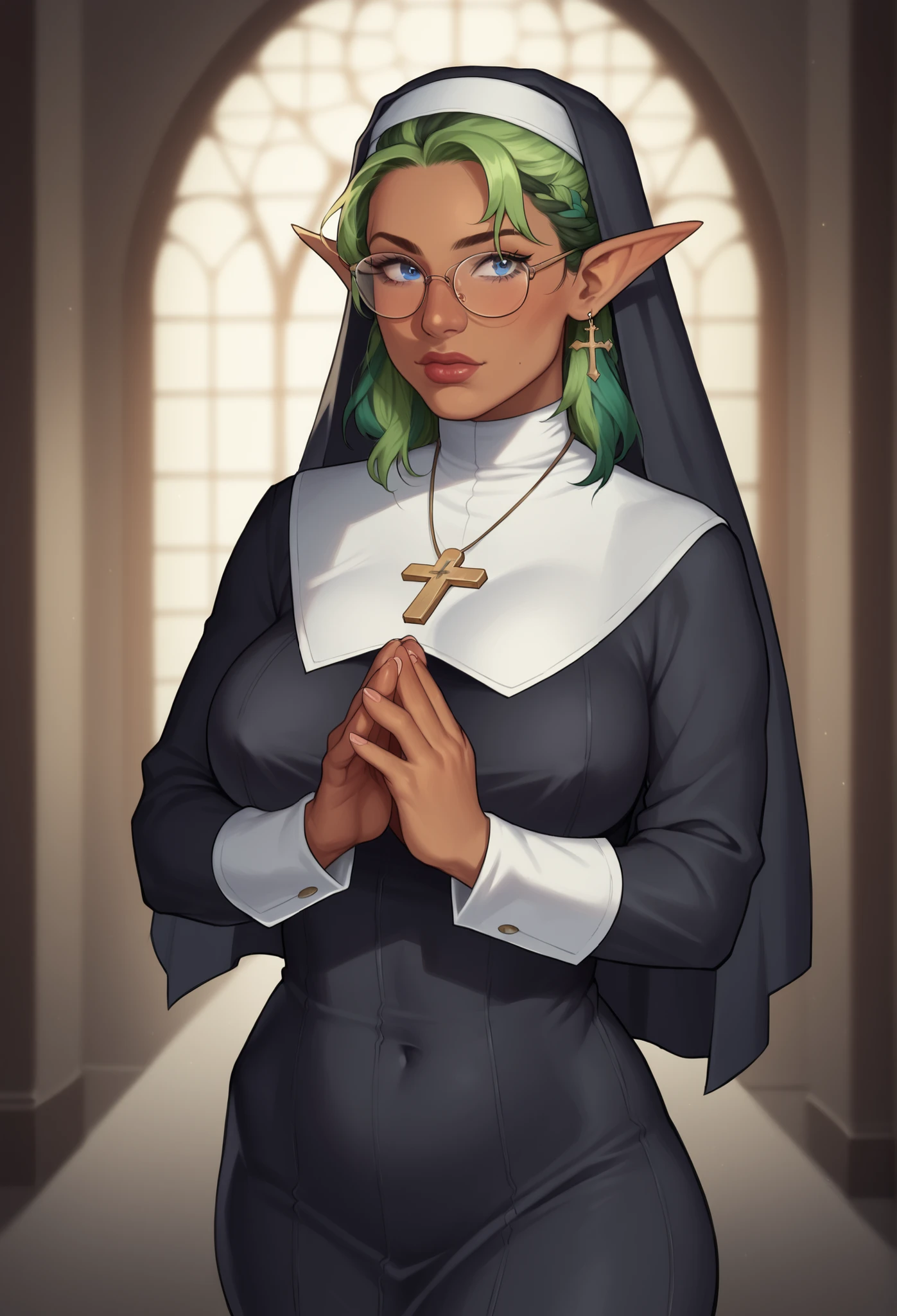 (((beautiful, high quality, comics style, detailed face))), score_9, score_8_up, score_7_up, masterpiece, best quality, unrealistically high details, extremely high quality, ultra-high detail, good anatomy, rating_explicit, perfect anatomy, anatomically correct hands:1.5, blurred background, detailxl, DeepNegative_xl_v1, zPDXL3, Score_PnyReal, deep_negative_pony BREAK solo, 1woman, female, elf, pointed ears, tan skin, brown skin, green hair, ombre hair, blue eyes, aviator glasses, large breasts, broad hips, nun, habit, cross, praying BREAK (expressive face, expressive body, expressive emotions, dynamic pose, intense gaze, lively eyes, detailed facial expression, engaging presence:0.5).