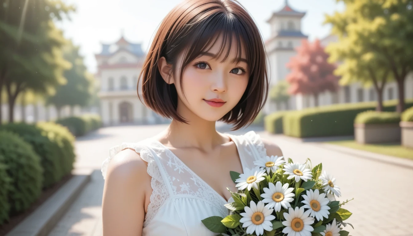 Real Photos、top quality、Japanese woman in white panties、A bouquet of daisies、Gentle expressions、short hair、Outdoors、Early summer light、Soft Breeze