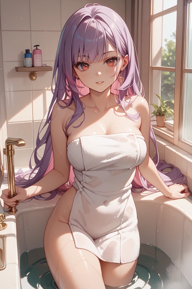 ((((sauna room))))、((Sweat))、red face、cover your chest with a bath towel、((vapor))、hot 、Miyakoshiki Shikimori, Shikimori Miyako, long hair, blue eyes, hair between eyes, pink hair, side ponytail、nude,Squat down and show off your crotch,Ecstasy spreads throughout the legs,Shyness,tension,a lot of sweat,heavy breathing,shortness of breath,moisture