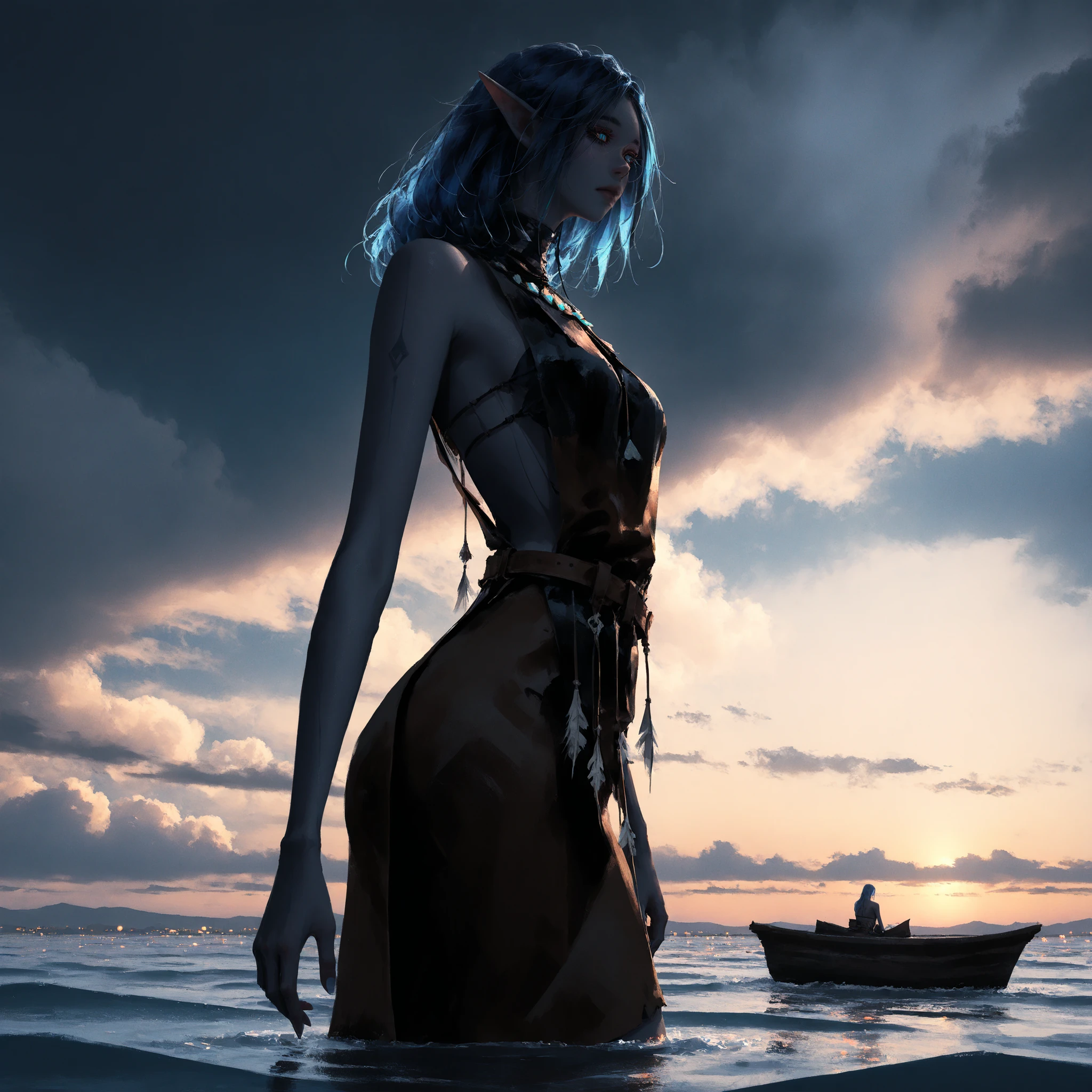 artist: wlop, masterpiece, best quality, illustration, a beautiful elf woman, pale blue skin, midnight blue hair, medium length hair, aquamarine eyes, detailed face, wearing a animal leather clothing, tribal clothing, water tribe, brown animal leather skirt, shark skin top, fantasy, perfect anatomy, detailed, lighting, colorful, slim body, fit body, ideal ratio body proportions, tall, Realistic Shadows, detailed face, detailed eyes, epic, highly detailed, illustration style background, cinematic background, cinematic lighting, detailed eyes, Official Art, face focus, eye focus, high resolution, cinematic, perspective, warm and calm theme, blue tones, water scenery background, standing pose, 8k, cloudy sky, blue landscape, (official art), (scenography), (the Extremely Detailed CG Unity 8K Wallpapers), on a small boat surrounded by water with the sun shining, perfect anatomy,