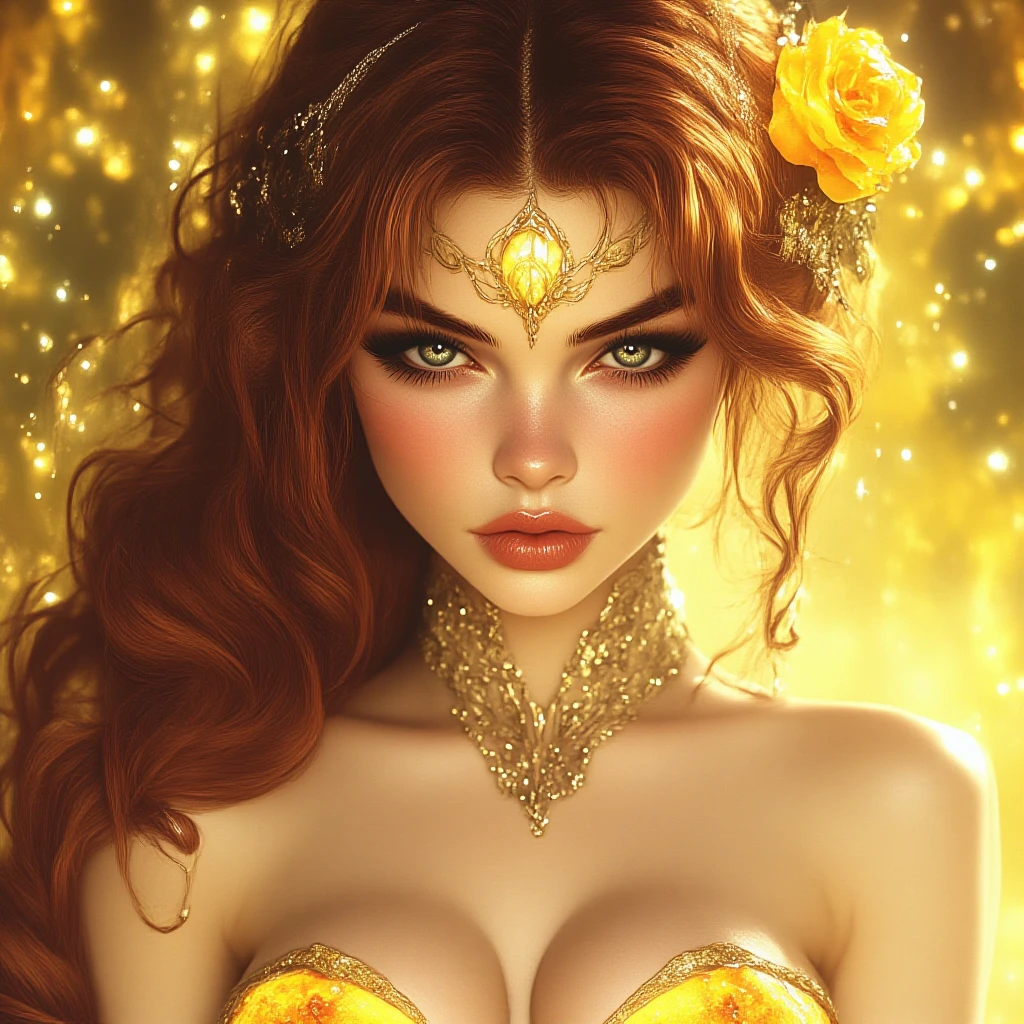 Aurum is an imposing and exuberant female figure., with a generous, curvy silhouette, extremely large breasts. She looks like anime characters and exudes sensuality.. She is dressed as a queen'CLOTHES, Adorned with golden jewels and precious stones that shine brightly. Your gaze is penetrating and full of intensity., Transmitting power and authority.. Aurum is surrounded by coins and shiny elements that accentuate his aura of wealth and magnificence.... Your mouth is well marked and seductive., and your whole body radiates an irresistible sensuality.