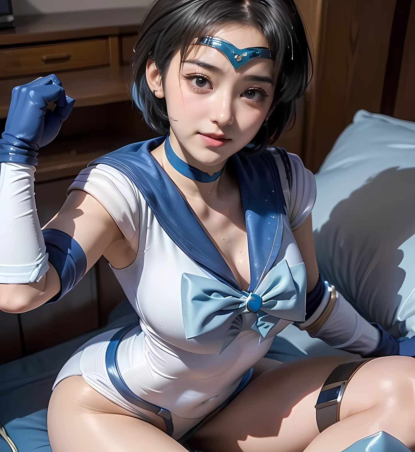 (((Sailor Mercury))), Bluish short hair, blue elbow pads White long gloves, (Sailor Warriors Sailor Warriorsのコスチューム:1.47), (The leotard is white:1.7), Blue collar, Sailor Warriorsの胸リボン, The costume is tight against the skin, middle School girls, (blush), ((Slender figure Beautiful Skin)), Highest quality, High resolution, masterpiece, (Beautiful vagina), (With a 30-year-old mafia man, penis:1.4), Complete limbs, (Mating press:1.2), 1 Beautiful Girl, ((((penis enters vagina)))), (Beautiful crotch), Spread your legs, ((Binding, Restrained by rope:1.4)), Sailor Warriors fuck a guy fully clothed, (((Such a cute little face)))