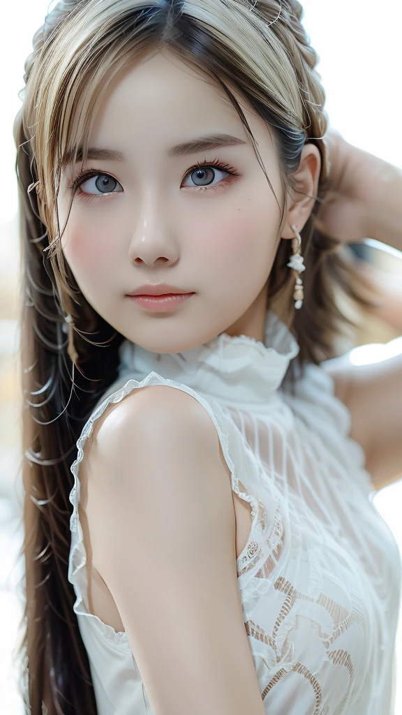 (16 years old:1.4),(Very Young Face),japanese femes idol,masterpiece,highest quality,figure,alexandrite eyes and hair,platinum earrings,(Platinum Necklace:0.9),white dress,The Little Mermaid,cute,(dynamic lighting:1.2),cinematic lighting,delicate features,fine eyes,pink nipupils,realistic student,Depth of bounds written,Bokeh,sharp focus,(very detailed, bloom, shine:1.4),Many Small Gems,hatsune miku,(white Micro bikini style:1.4),