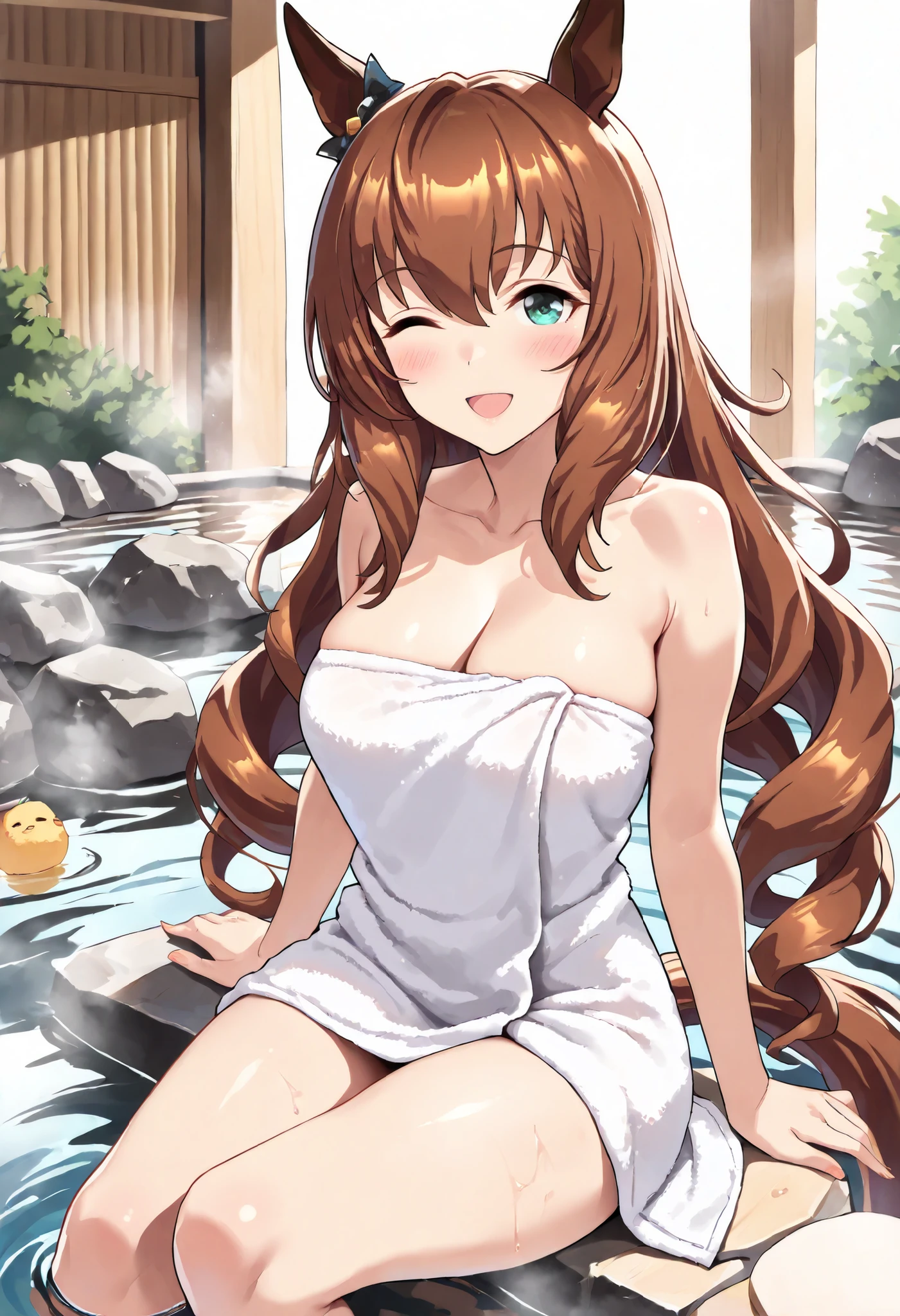 (masterpiece, best quality, perfect face:1.4), wide angle, maruzensky \(umamusume\), 1girl, horse ears, blue ear ribbon, ear ornament, horse tail, tail on the lower back, proportional body, proportional, beautiful hair, beautiful face, beautiful detailed eyes, beautiful clavicle, beautiful body, beautiful chest, beautiful thigh, beautiful legs, beautiful fingers, looking at viewer, BREAK, Onsen, Yuzu bath, (Wrap your whole body in a towel:1.2), Partially submerged, Water, Bathing, Smile, steam, clavicle, depth of fields, BREAK, blush smile (open mouth), one eyed closed, textured skin, realistic skin, HDR, BREAK, good hands,