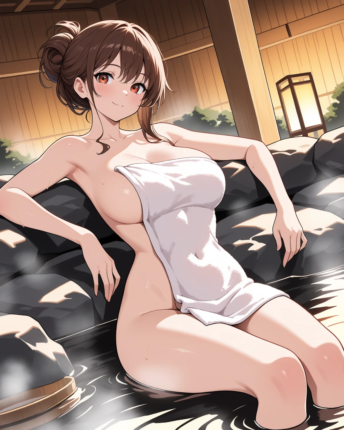 1girl, solo, Anime girl, brown hair, wearing a bath robe, hair tied up, large breasts, wooden hot spring steam room, sitting on a bench, sexy, tight clothing