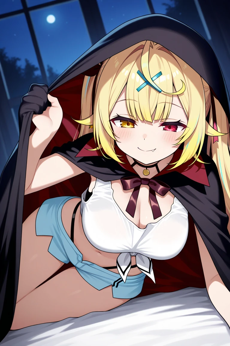 best quality, masterpiece, 1 girl, (silhouette lighting:1.3), smile, contrapposto, prinz eugen, (head shot, upper body:1.5), ultra detailed face, ash blonde low twintails hair with bangs, hourglass figure, oily skin, black big witch hat, black bikini, cloak and glove, (small breast, underboob:1.2), her sweating a lot, (graveyard at night:1.3)