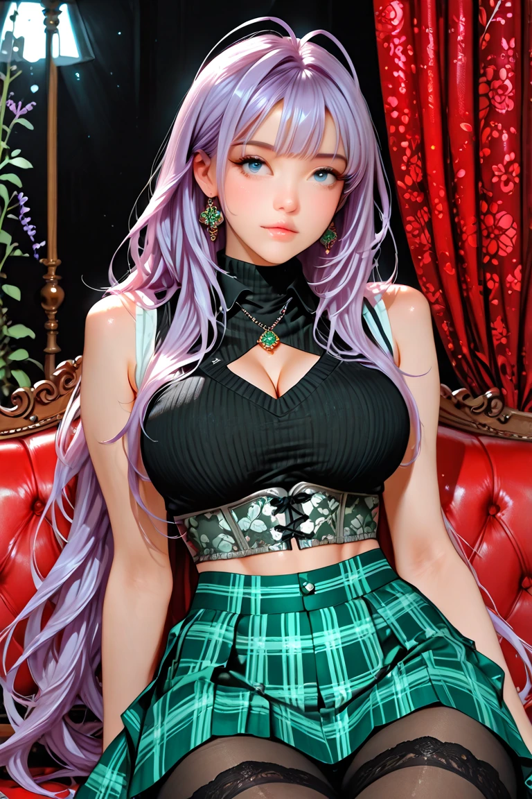 Irish woman, anime, cute, beautiful, high quality, night, 8k, long waist length light pale purple hair, green eyes, red lips, eyelashes, (blue) blouse, blue jeans, high neckline, sleeping