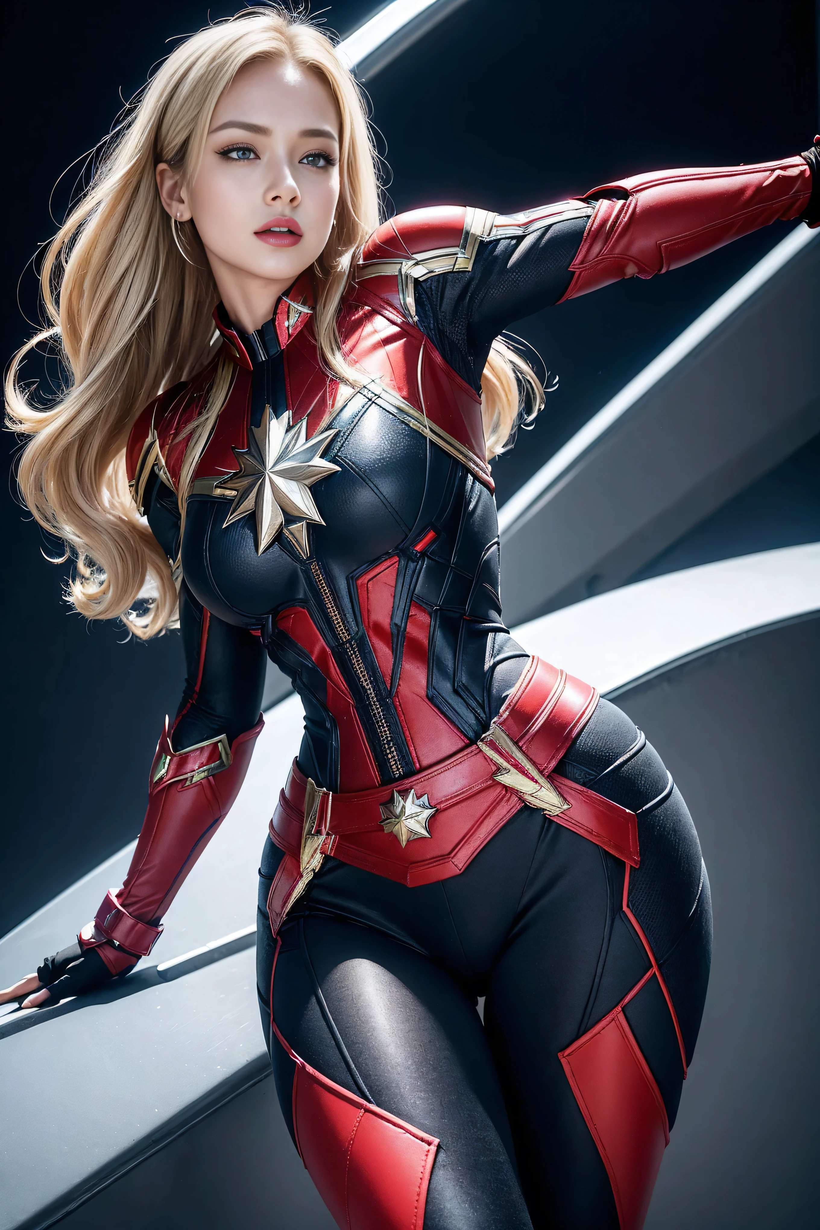 realistic, photorealistic, best quality, masterpiece, ultra high res, finely detailed, quality, realistic lighting, detailed skin, intricate details, raw photo, absurdres, highres, ultra detailed, BREAK, 1girl, solo, looking at viewer, 18 years old, hand of Guido Daniele, (cptmarvel, bodysuit, red gloves, belt, blonde hair, cityscape with a beautiful night view, leaning forward, large breasts, toned, smile, hand up, fist, solo focus, blush), (beautifu and aesthetic face, detailed face, clean facial features, an extremely delicate and beautiful, beautiful detailed eyes, stars in the eyes, Pink lips, Glowing Eyes, perfect face, detailed pupils, Makeup:1.1), (nice hands, sexy, slim, large breasts, skinny, narrow waist, human anatomy:1.1), (detailed light, beautiful detailed glow, detailed background:1.1), (reflection, refraction, Rembrandt lighting, diffuse lighting, radiosity, photon mapping, subsurface scattering, dynamic lighting, Multi-exposure HDR capture, Screen Space Global Illumination, Ray Tracing, Lumen Reflections, Tone Mapping, volumetric lighting, Circular polarizer, broad lighting, dramatic lighting:1.1), BREAK, explosive light and shadow, sharp focus, film grain, rim lighting, two tone lighting, rim light, Overdetailed art, official art, beautiful and aesthetic, beautiful, elegant, vivid colours, warm tone, soft light, delicate, Ultrarealistic, Detailed illustration, extremely detailed CG Unity 8k wallpaper, PBR Texturing, huge filesize, 8k uhd, octane render, unreal engine 5, BREAK, <lora:GoodHands-beta2:1>, <lora:cptmarvel-nvwls-v1:1>