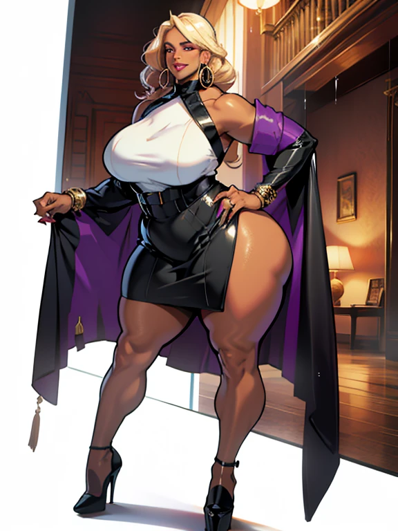 Elaborate CG artwork, (best qualtiy, exquisite detailing, absolute masterpiece), (Head to Toe Image)), ((Full body image)),(dynamicposes),(plus size model)),((White swimwear)), (((mahogany colored dark skin))), ((Short bob cut,Blunt bangs)),(Beautiful mahogany black skin in dynamic pose、One woman in white swimsuit and high heels),(((Light silver hair))), Detailed beautiful mature face, very detailed beautiful face and eyes, (detailed seductive and sharp eyes), (plump shiny purple lips)), (Purple Eye Shadow), blush, (sadistic seductive smile), (Curvaceous), ( unbelievably huge curvaceous hips), (very huge sensual ass), (ridiculously massive thick thighs), (glittery skin), (wet oily skin), Fingernail Art, Jewelry, Bracelet, hoop earrings