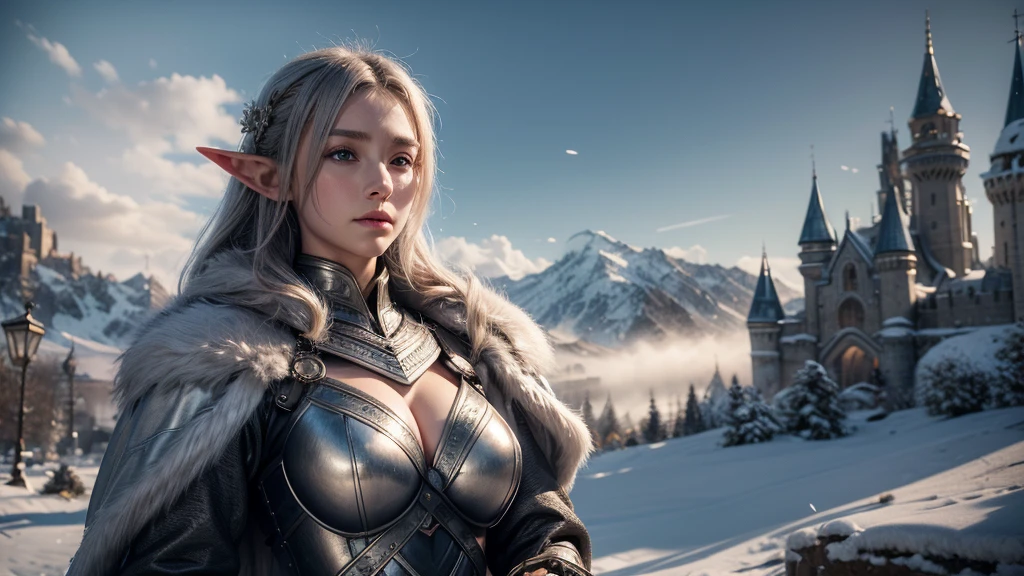 Female elf,Large breasts,upperbody shots,dramatics,dynamicposes,Heavy fur clothes,Snow-capped mountains in the background,magia,Rembrandt light