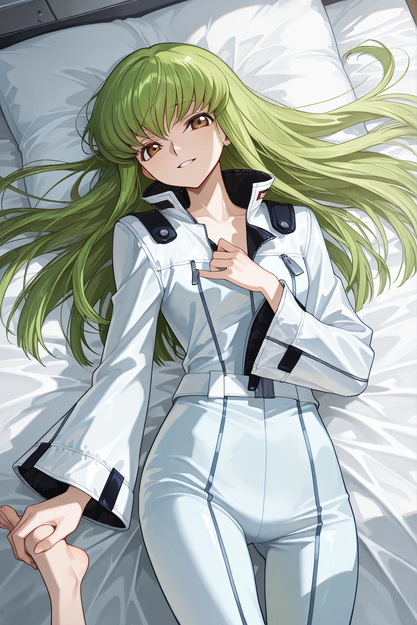Code Geass ticker, NFFW, (brown eyes:1.5), green hair, long hair, straight hair,
Blake straight jacket, (white forced jacket:1.5), wide sleeves,
BREAK,indoor,bedroom,bed sheet,bed
stop looking at viewer,BREAK (mass shoot piece:1.2),best quality,high resolution,unity 8k wallpaper,beautiful fine eyes,extra detail face,smiling,cowboy shot,feet sticking out of frame,(looking at another:1.1),(lying on own chest:1.2),from above,