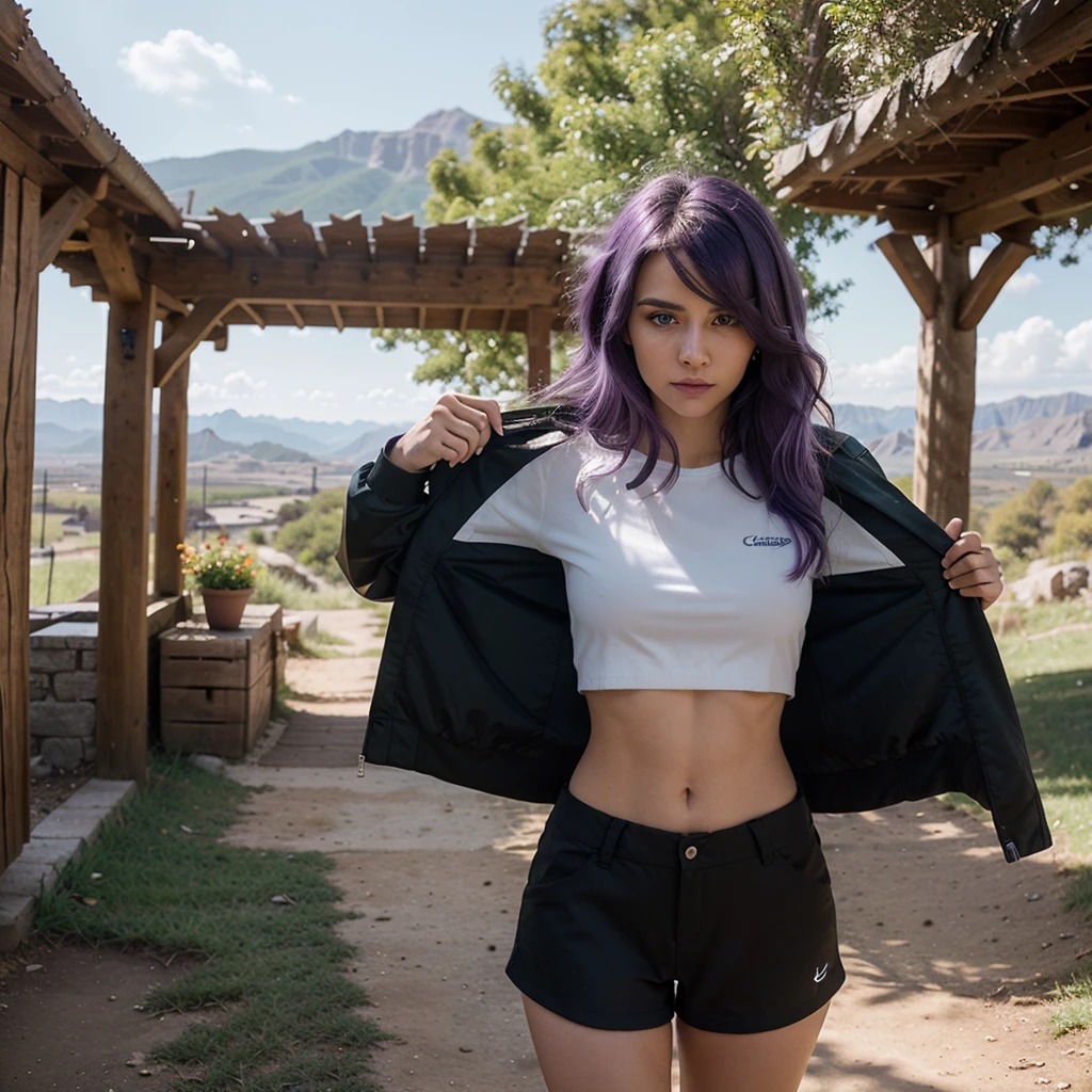 araffe woman in a purple bikini walking down a dirt road, 2 Modelo feminina de 4 anos, top roxo, topo de cabresto verde claro, ela tem cabelo verde, In a post-apocalyptic setting, roupa roxa, corpo roxo, usando um top cropped sexy, olhando para o lado, tiro de corpo inteiro distante, cinematic full body shot, Pose casual, Tiro de longe