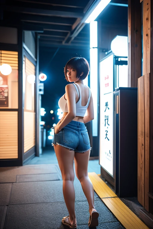 Highest quality,master piece,bokeh,incredibly absurdres,high resolution,lens flare,a girl, one girl,solo focus,alone,full body,perfect anatomy,8k,a girl, one girl,solo focus,alone,from front,sexy posing,very short hair,,Beautiful Japanese Women,Asian、Age 25,Casual Style,smile,teeth,Large Breasts、valley、standing,leaning forward,The background is the city,,one girl