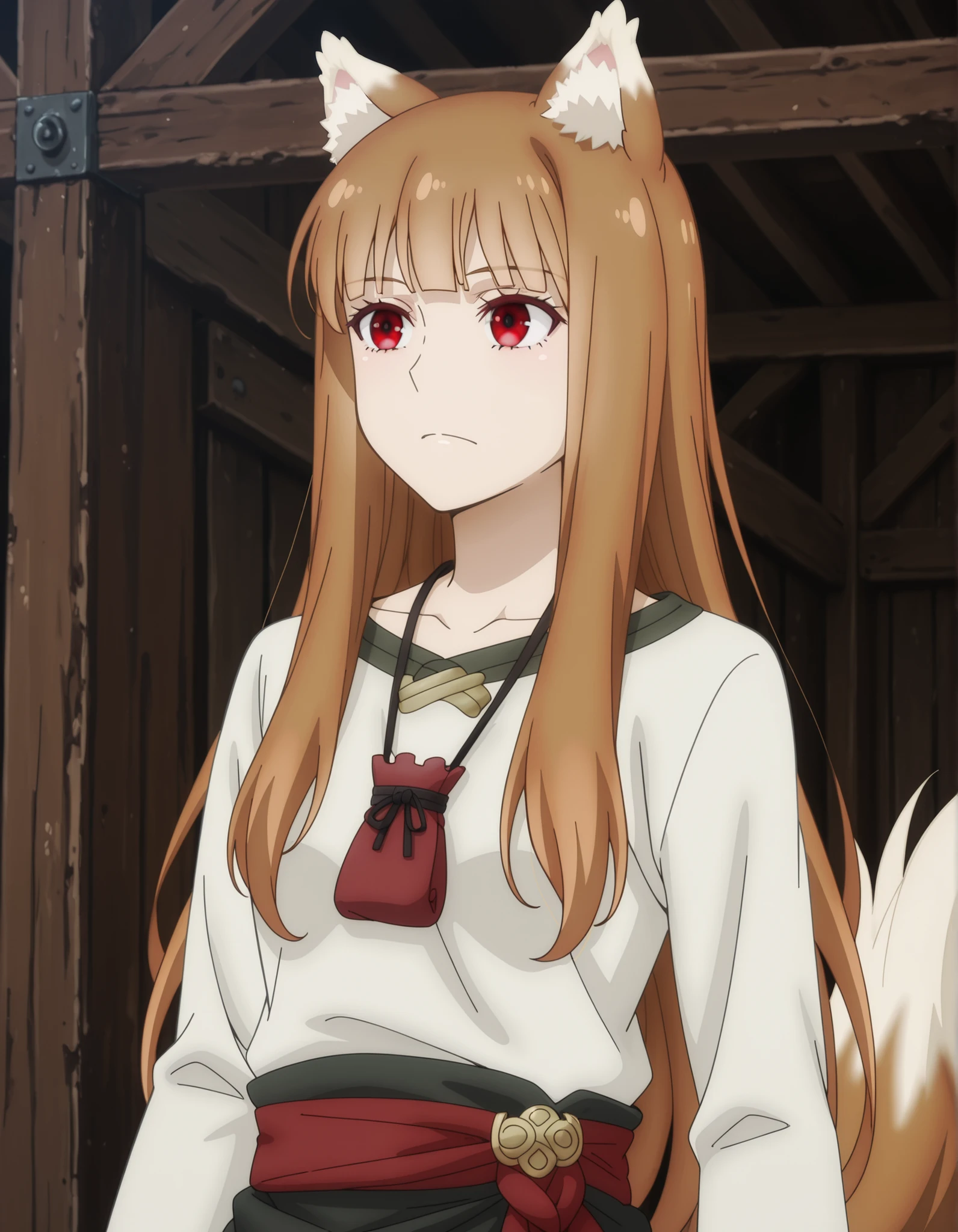 holo, wolf girl, solo, 1girl, wolf ears, long hair, solo, red eyes, ginger hair, wolf tail, animal ears, animal ear fluff,very long hair, shiny hair, brown hair, 