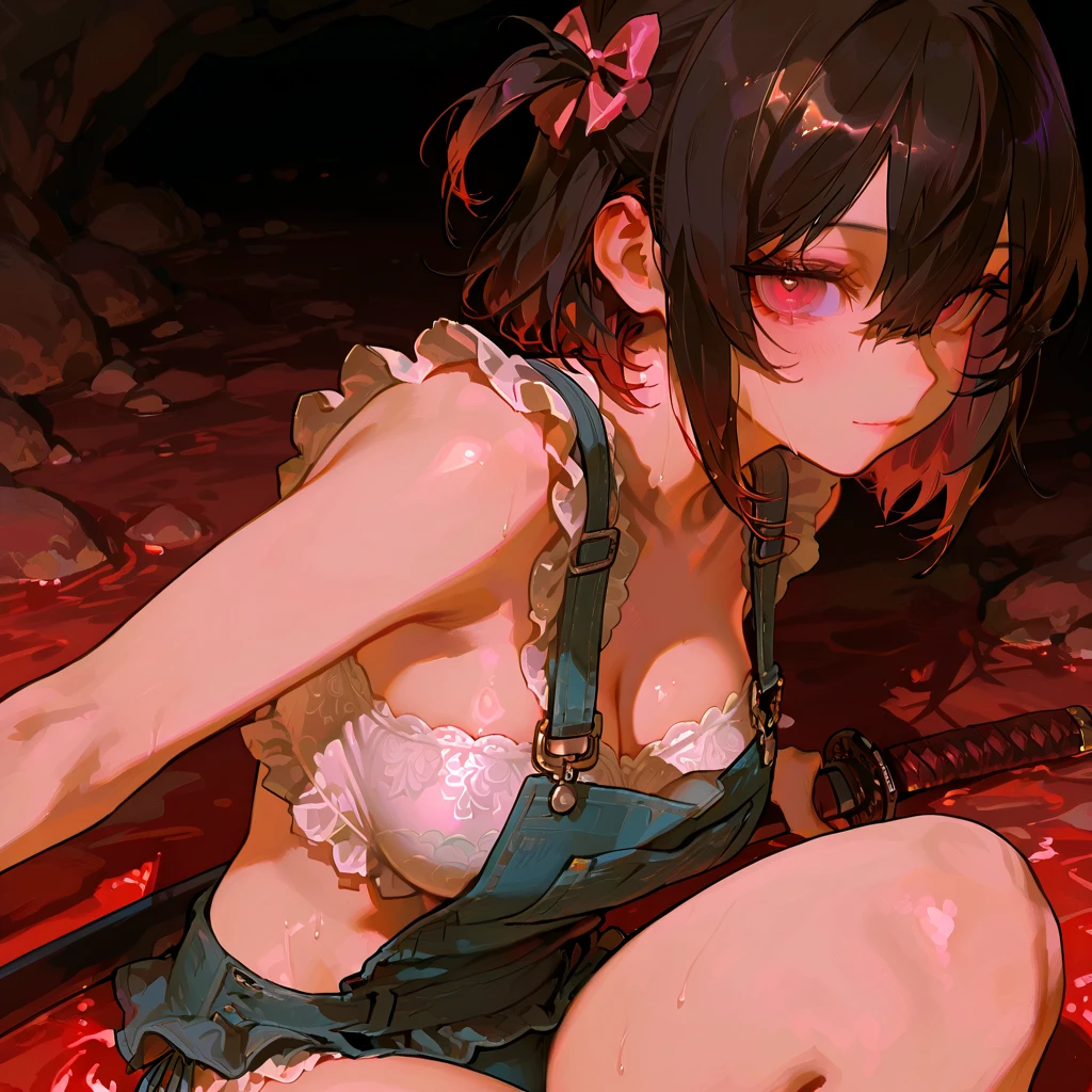 Anime girl wearing a string bikini,Black Hair, long-haired, long ponytail,มีBlood stains on the body.... Blood stains on bikini Blood stains on arms and legs, Blood stains on the body..deep in the forest,