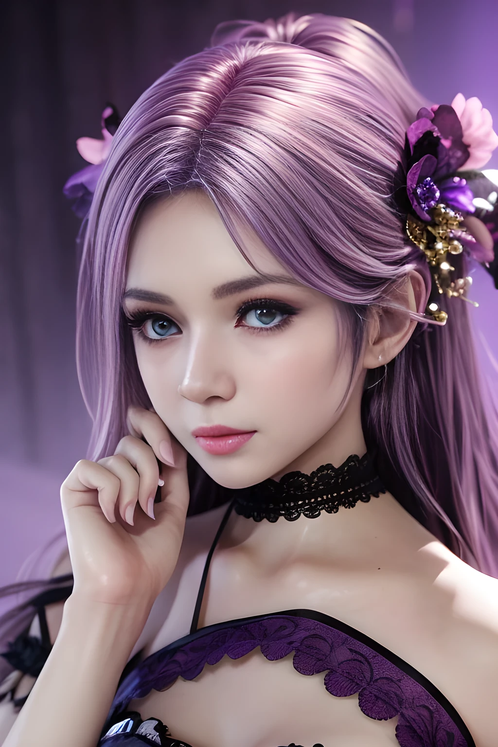 1 Girl, Girl with a cheerful personality, Purple Hair, Carefree, 微lol, lol, The girl is wearing a beautiful dress, Girl's eyes are bright and shining, very beautiful, Cute and sweet ,Kneeling on the ground