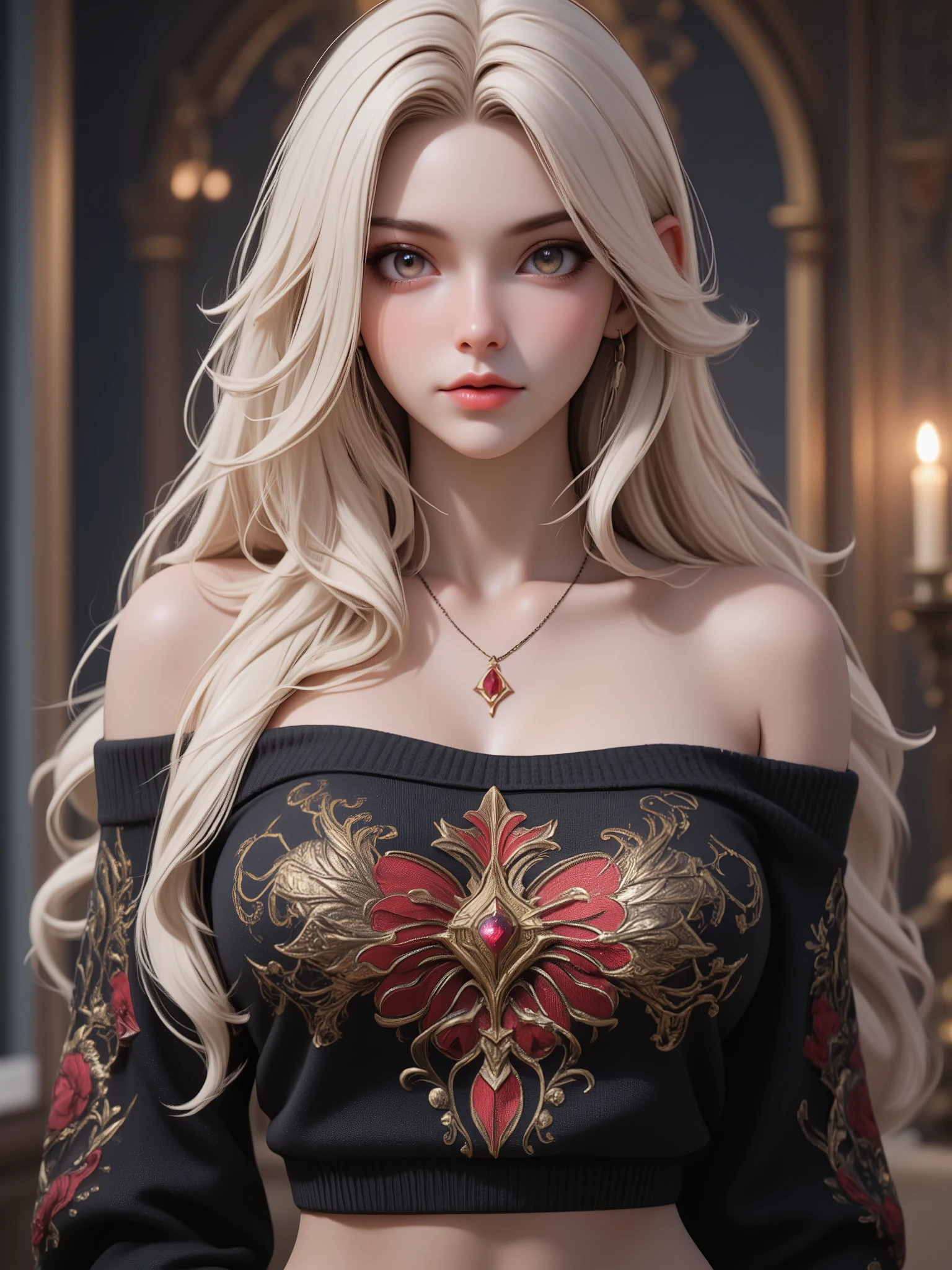 Freyja, the goddess of Norse mythology, the ultimate beauty, cleavage, beautiful and fantastical background, sacred and mysterious fantasy art, various effects, delicate and dynamic textures, contrasts of light and shadow, 2.5D, digital graphic CG, BREAK ultra detailed, absolutely resolution, best quality, ((best quality)), ((masterpiece)), (detailed), off-shoulder sweater,