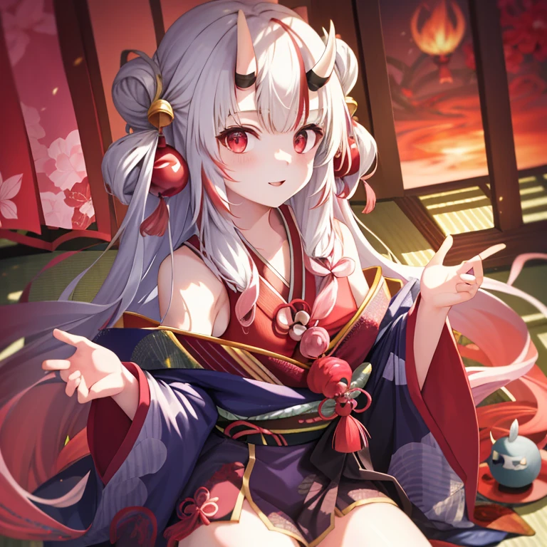Kiri Ayame, silver hair、The hair stood on end、red eyes、a girl、kawaii、and soul、kimono、Off the shoulders、mini skirt、red blush、Traditional Japanese-style room、sit on it