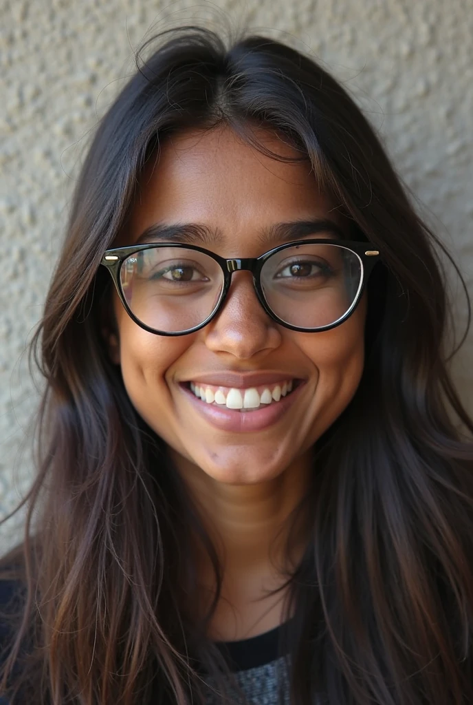 indian 23 years old women, Dark Brown skintone, almond eyes, simple glasses, High ponytail, sage high neck shirt, simple spectacles, Arched sharp eyebrows, simple upside down smile with mouth corner dimples, photorealistic, potrait