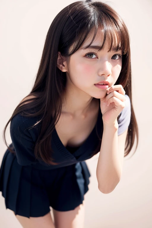 masterpiece, highest quality, 8k, 20th generation, Big Breasts, cute, alone, sad, cute, Girlish, cute、Delicate girl, Pure beauty,  RAW Photos, Professional photography, Portraiture, Soft Light, Professional Lighting, Backlight, Head to knee photo, avert your eyes, Sophisticated, Film Grain, (Round face、Young Face、Thin eyebrows、Thin lips:1.0), Floating Hair, beautiful, Flowing hair, bangs, White blouse、pastel cardigan、(Big Breasts:1.2)、You can see the chest a little、Micro Mini Skirt、Voluptuous thighs、dolly make、Heterochromia iridis、Left and right eyes are different colors、Midsummer sky、Cumulonimbuidsummer Beach