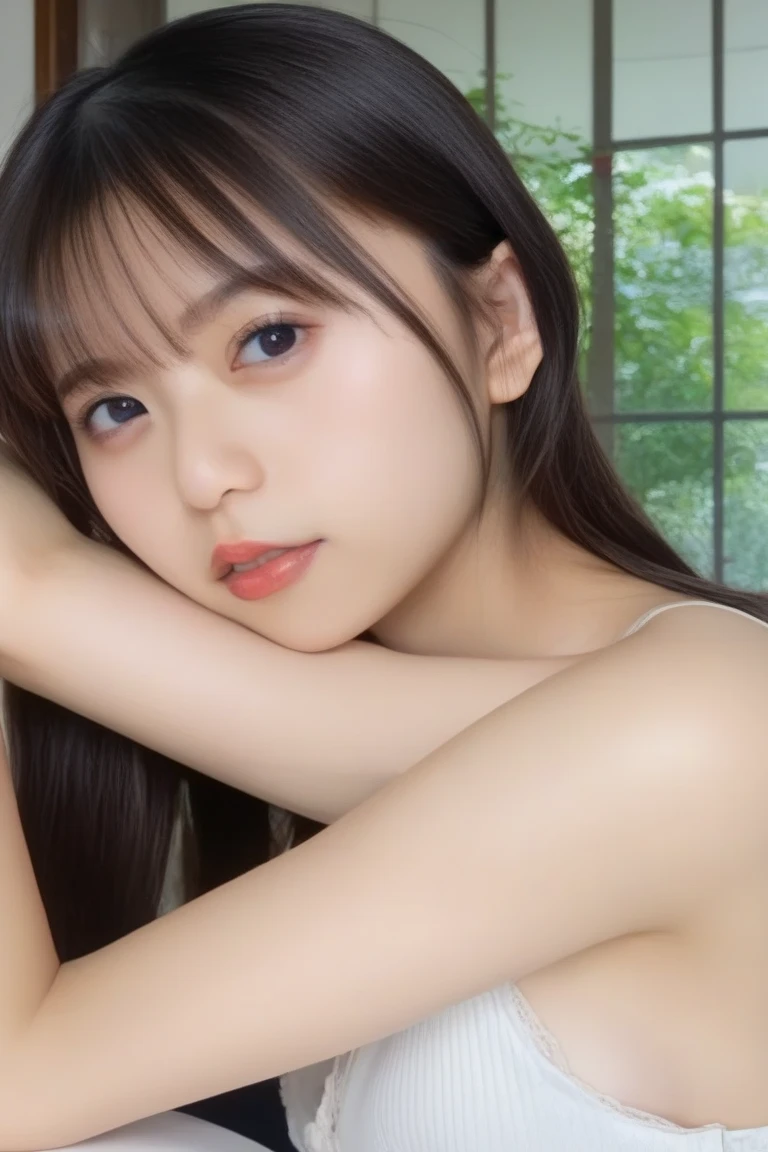 (8K、RAW Photos、Highest quality、masterpiece:1.2)、((Nipples))、(Realistic、Realistic)、1 Girl、((naked、wake up、After sexual、morning、 Hotel Bedroom、Lying in bed、smile))、cute