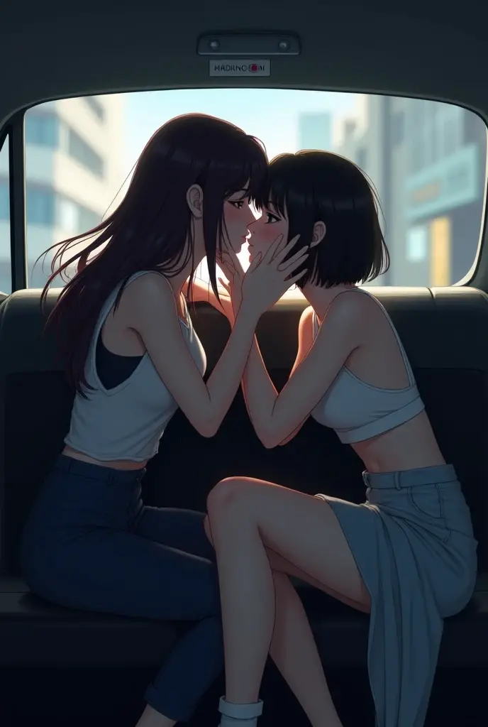 Young woman kisses her girlfriend in a taxi