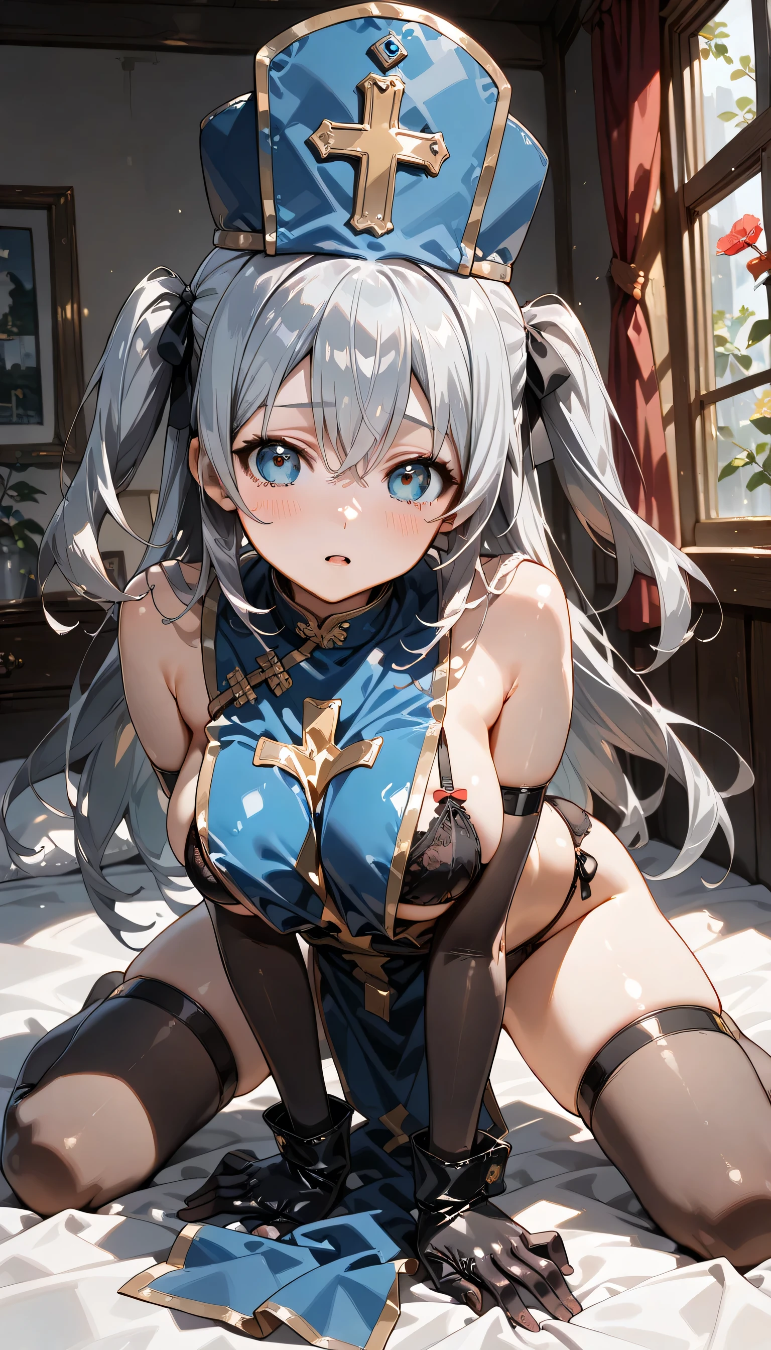 ((ultra-detailed)), (highly detailed CG illustration), (best quality:1.2), ultra-highly detailed, colorful composition, artistic photoshoot, 1girl, solo focus, upper boy, moe anime character, girl, dainty facial structure, baby face, round face, rounded chin:1.2, ideal ratio body proportions, celia-default, celia claire, blue eyes, jitome, half-closed eyes, sagging eyes, silver hair color:1.3, two side up, open clothes:0.5, hair ribbon with pink, ample breasts, priest(dq3), covered collarbone, gloves, hat, thighs, tabard, mitre, blue headwear, black bra, black panties, latex gloves, blue tabard, cross, cross print, (shy:1.3), blush:1.3, ultra-beautiful girl, fluttering hair, best quality, masterpiece, night:1.3, lie down on the bed:1.3, European style wooden room, Wooden frame window, moon, dynamic pose, from above, expecting, pink cheek, light pink gloss slip, portrait, depth of field, soft lighting, sidelighting, moonlight, lighting, caustics, ray tracing, perfect face, lustrous skin, highly detailed face, highly detailed eyes, perfect face, perfect nose, perfect hair, perfect eyes, perfect anatomy, beautiful hair, beautiful small face, extremely detailed face, beautiful detailed eyes, beautiful clavicle, beautiful body, beautiful ample breasts, leavage, breasts squeezed together, equalize the size of the left and right breasts, beautiful thin thighs, beautiful legs, beautiful fingers, 4 fingers, 1 thumb, lovely, (very detailed background:1.0), (highly detailed background:1.0), summer aesthetic, intricate details, moonlight atmosphere, summer colors palette, chromatic aberration