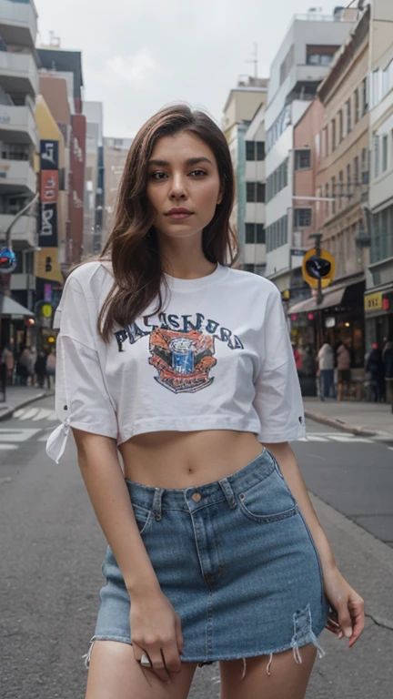 mulher de 19yo, de mini short jeans e camiseta azul