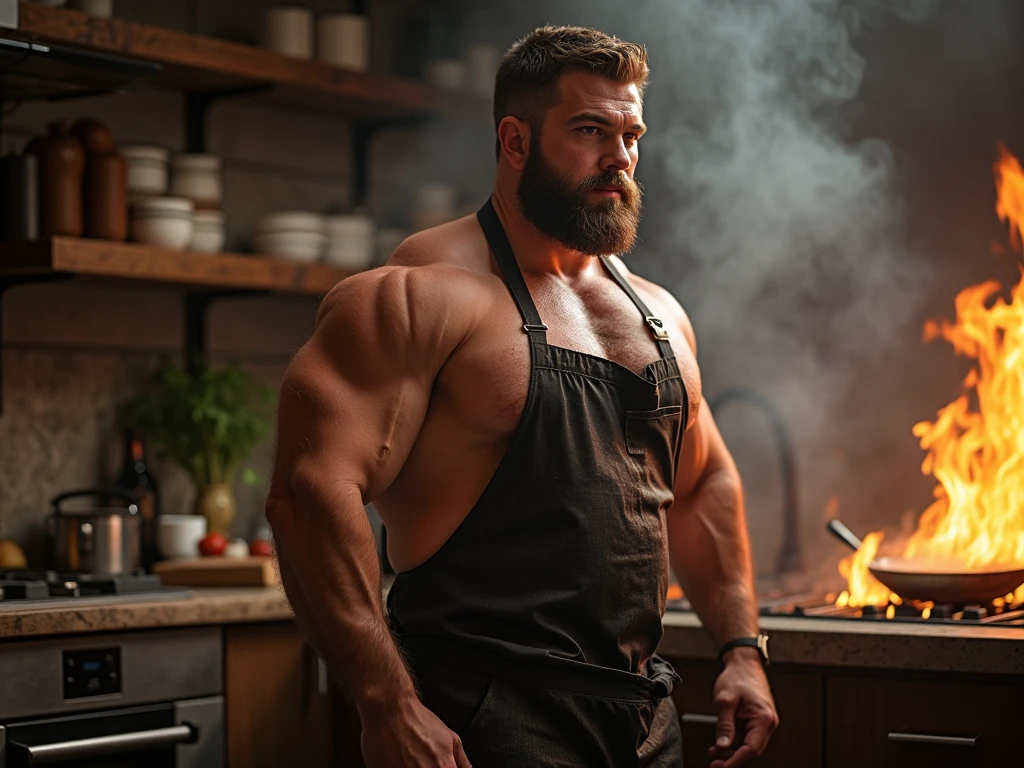 A strong chubby guy, cooking, ginger hair, chin beard, apron on, sweet expression, shirtless, alone, ((side view)),