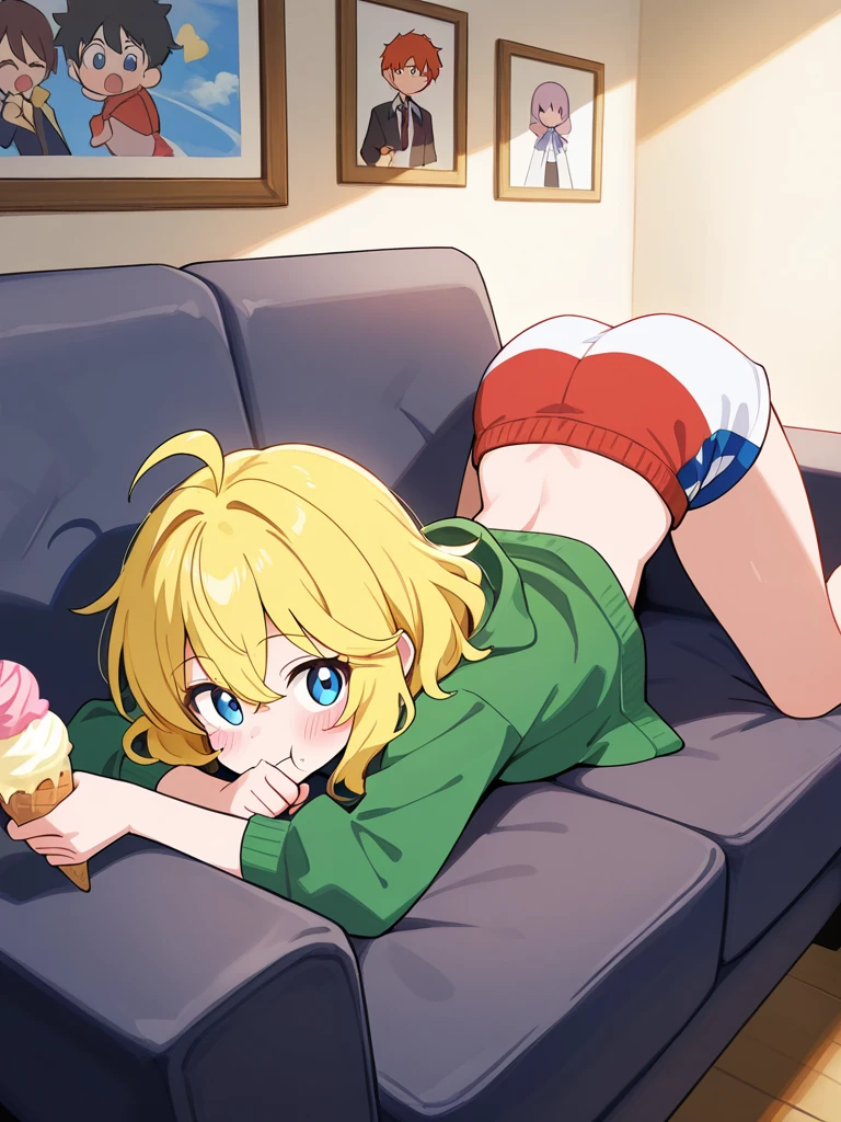 Girl with long blonde hair wearing a long white t-shirt sitting on a couch in a skirt and no panties eating popcorn spreading her legs watching a movie with her friends